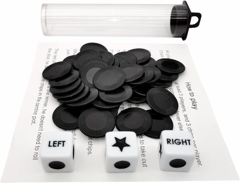 Ahoper Right Left Center Dice Game Prime Set Bundle with 3 Dices + 36 Chips. Round Tube Storage is Very Convenient for Travel. Easy to Store, Carry Around. (Black) - Image 3